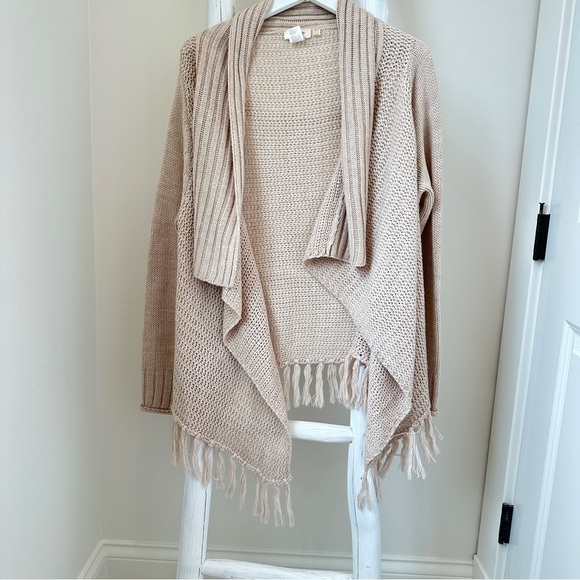 RD Style Cream Ribbed Knit Open Front Cardigan Sweater with Fringe Bottom - Picture 13 of 13